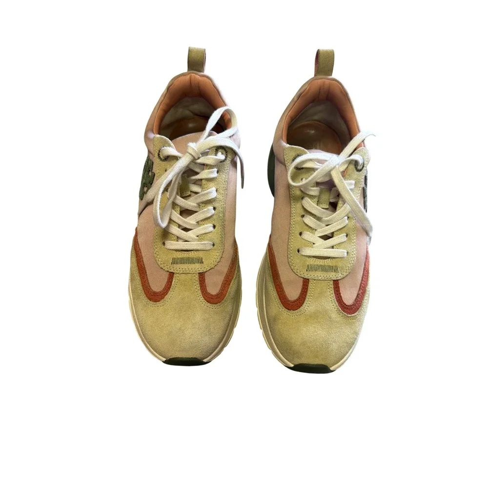 Tory Burch Good Luck Trainer Sneakers Pink Tan Rust Suede Leather 9M 139855